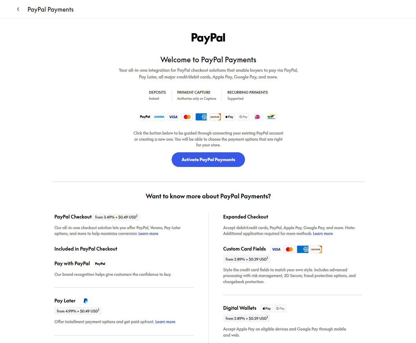PayPal Payments 欢迎页和启用按钮真实截图