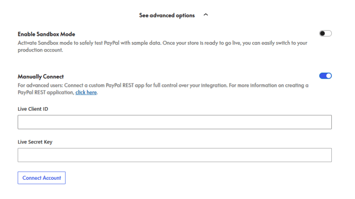 PayPal Payments 手动填写 Client ID 与 Secret Key 的真实截图