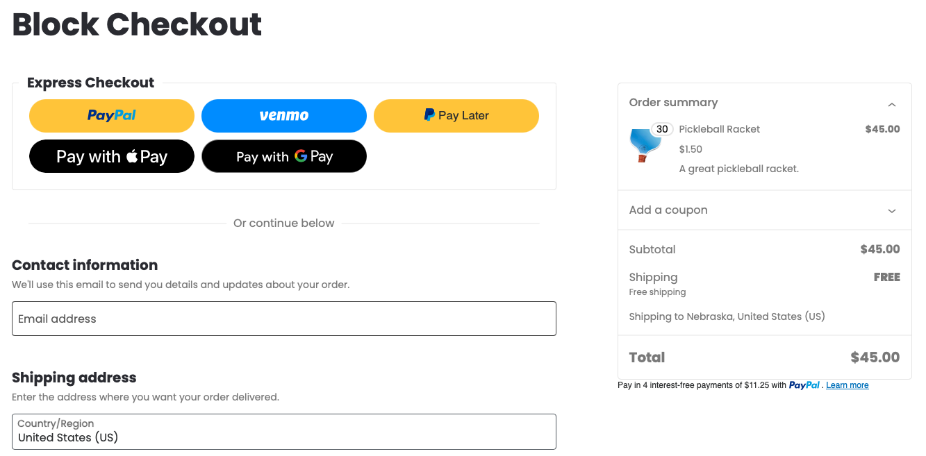 WooCommerce 结账页显示 PayPal 快捷支付按钮的真实截图