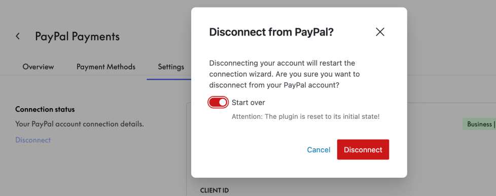PayPal Payments 断开连接与 Start over 警告真实截图