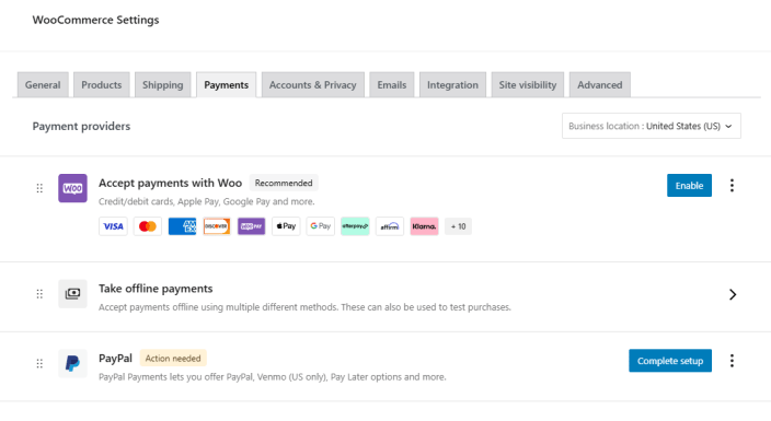 WooCommerce 支付设置中 PayPal 等待完成设置的真实后台截图